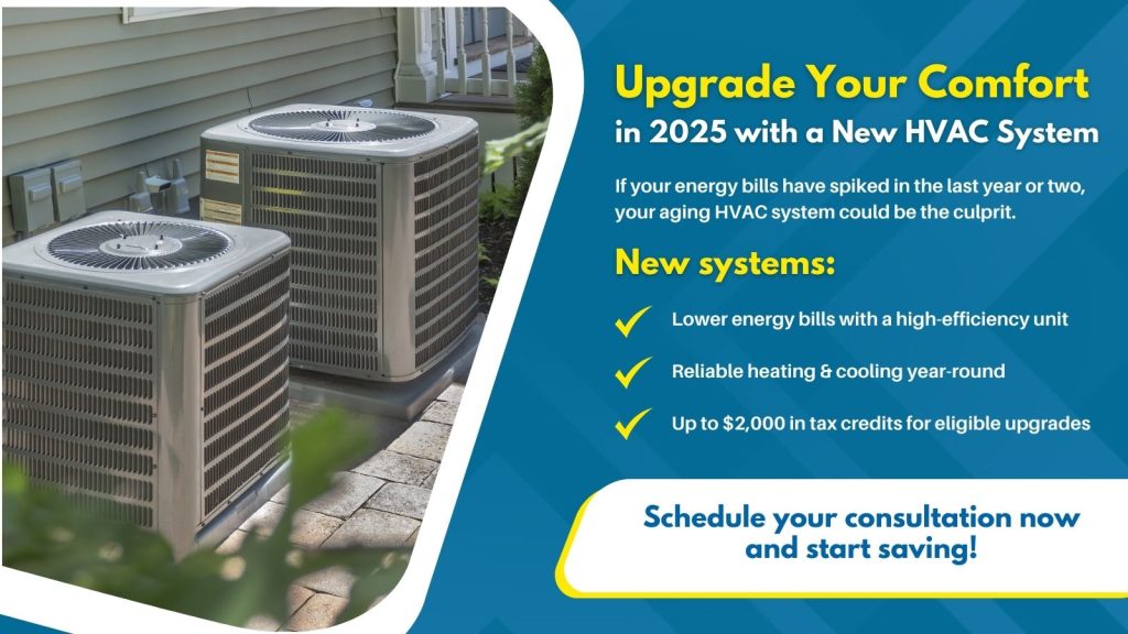 This is an image of two new AC units. The headline reads; Upgrade your comfort in 2025 with a new HVAC system.